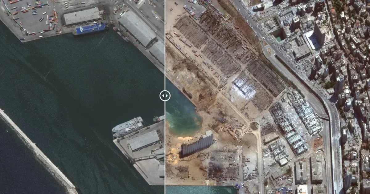 Before-and-after satellite imagery of Beirut port in a NBC News social preview