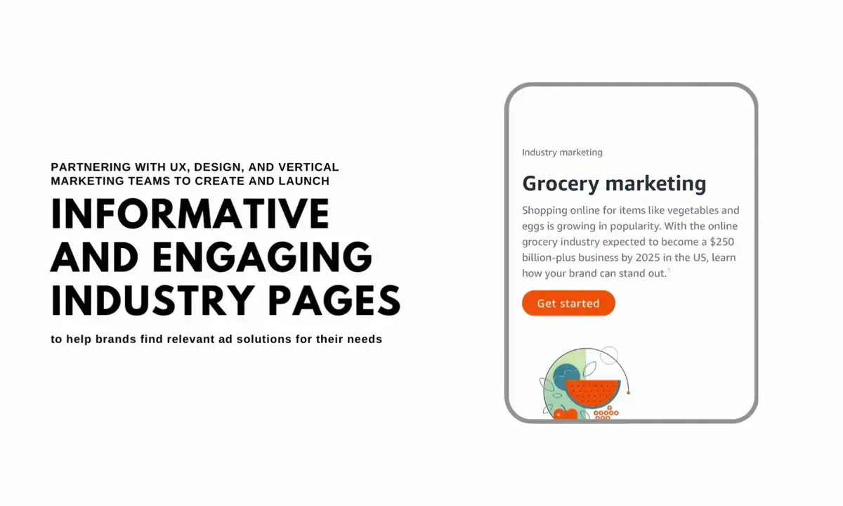 Amazon Ads grocery marketing page beside a message about creating informative industry pages