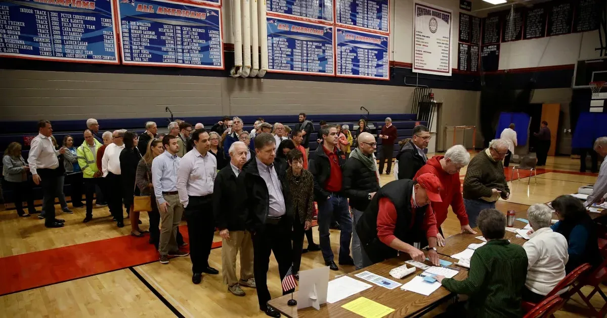 NBC News social preview showing voters waiting in line at a polling place