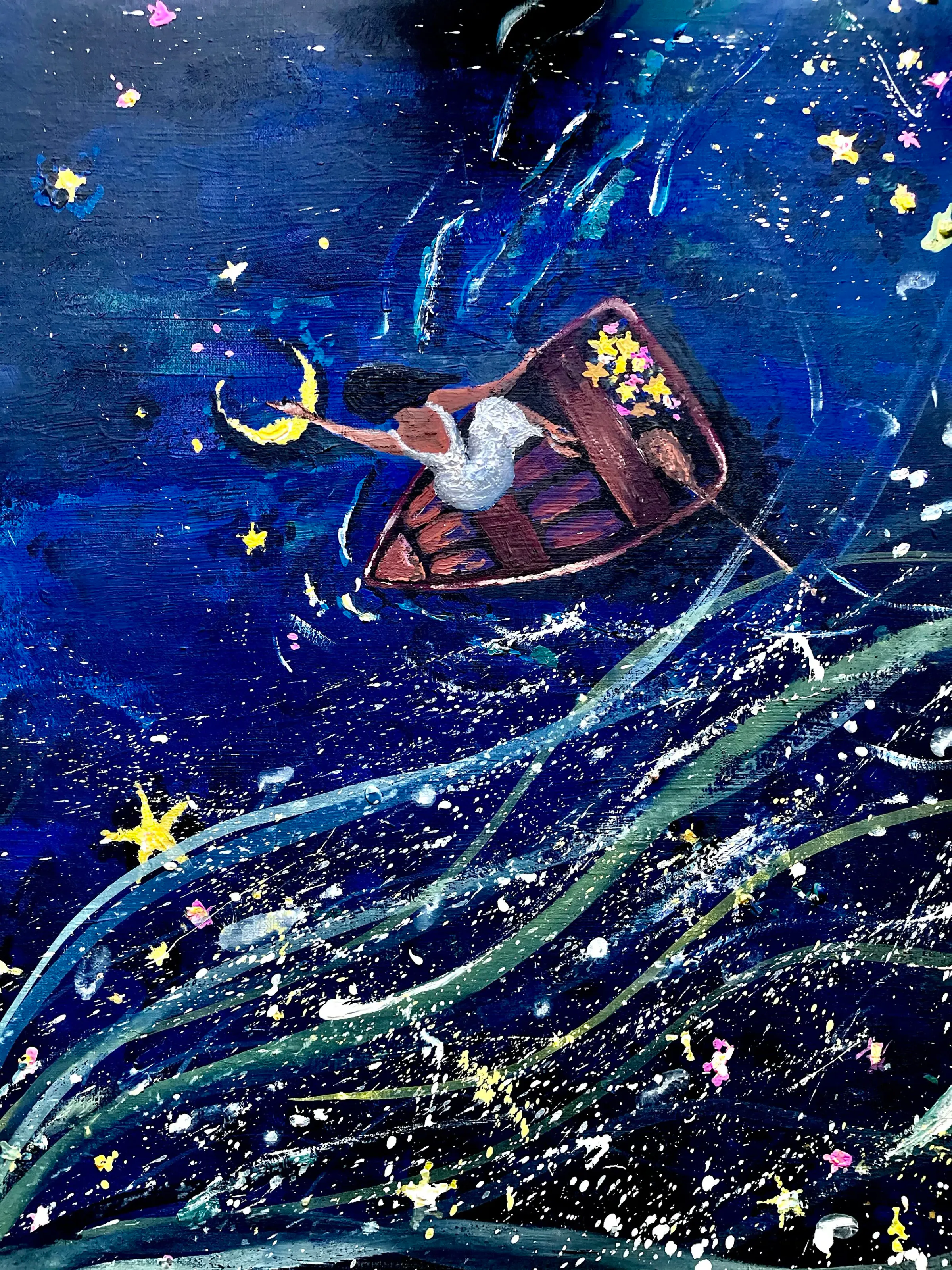 Mixed-media painting of a person in a boat reaching toward a crescent moon on a starry blue sea