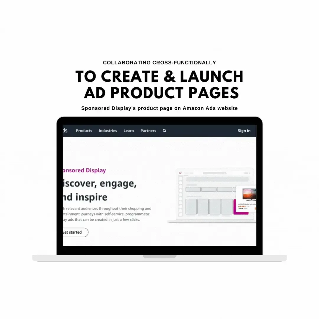 Sponsored Display product page beside a message about cross-functional collaboration to launch ad product pages