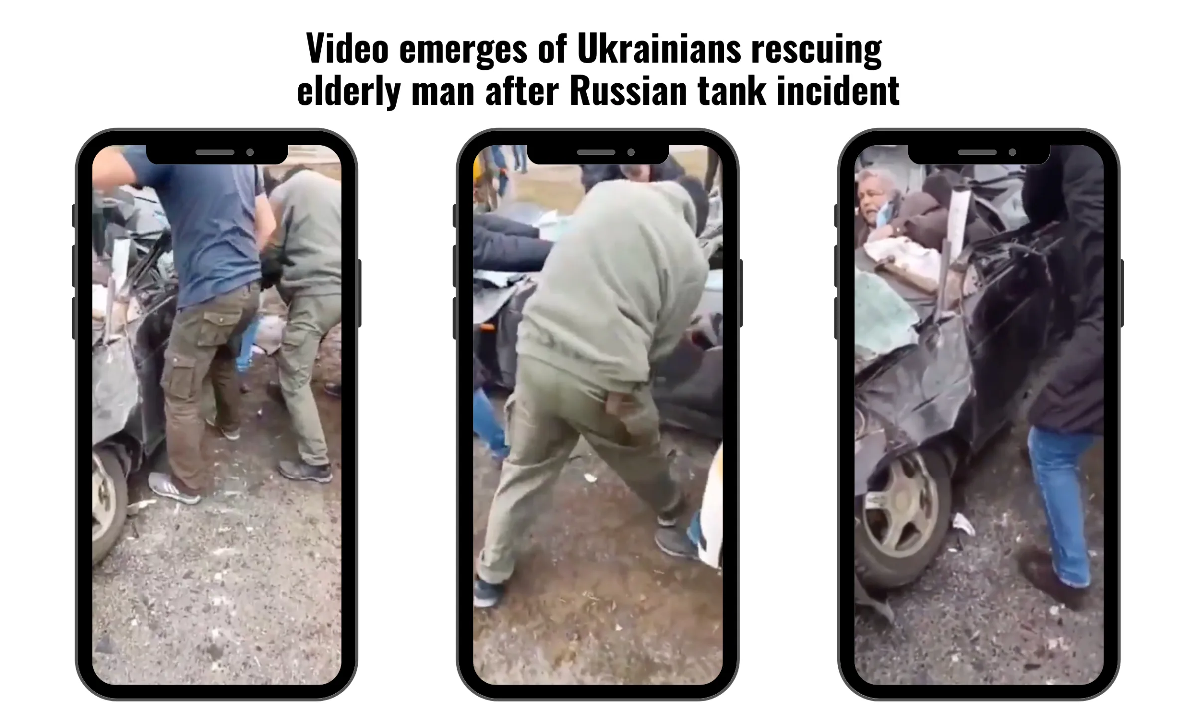 Ukrainians seen trying to help elderly man whose car was run over by a Russian tank