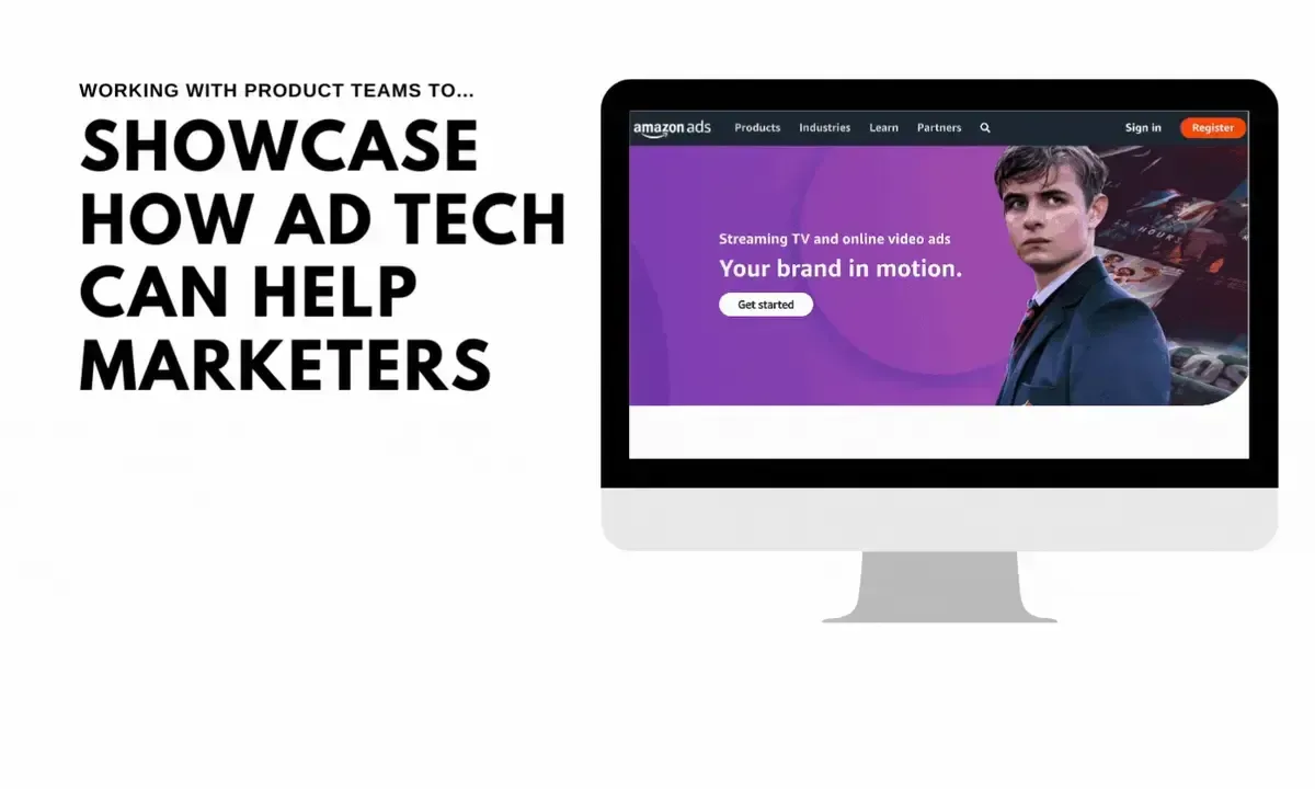 Amazon Ads streaming TV product page beside a message about showing marketers what ad technology can do